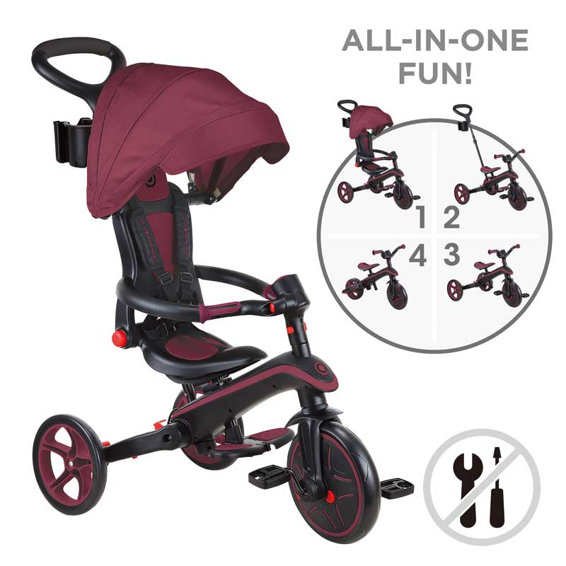 Детска триколка 4 в 1 GLOBBER EXPLORER TRIKE FOLDABLE, сгъваема, цвят бургунди