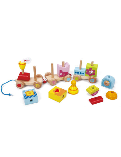 Детско дървено влакче за дърпане в пъстри цветове